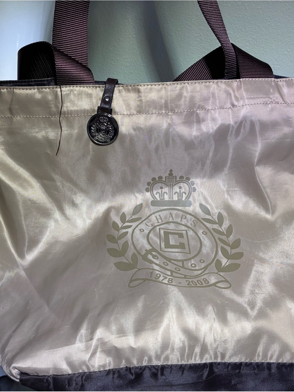 Chaps Cream Nylon Tote with Brown Handles and Crest